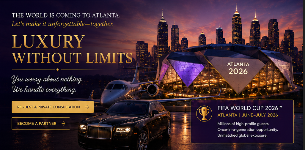 Atlanta skyline at twilight with luxury vehicles and stadium